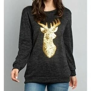Bellamie Women's Charcoal Gray Tunic with Gold Sequin Reindeer Size Large